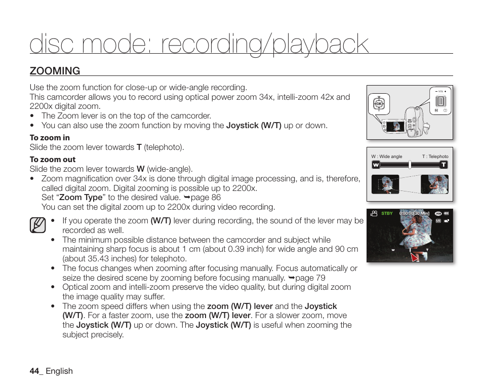 Zooming, Disc mode: recording/playback | Samsung SC-DX205-XAA User Manual | Page 58 / 147