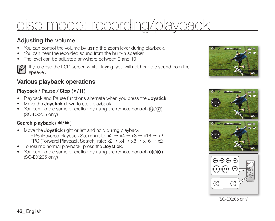 Disc mode: recording/playback, Adjusting the volume, Various playback operations | Samsung SC-DX205-XAA User Manual | Page 60 / 147