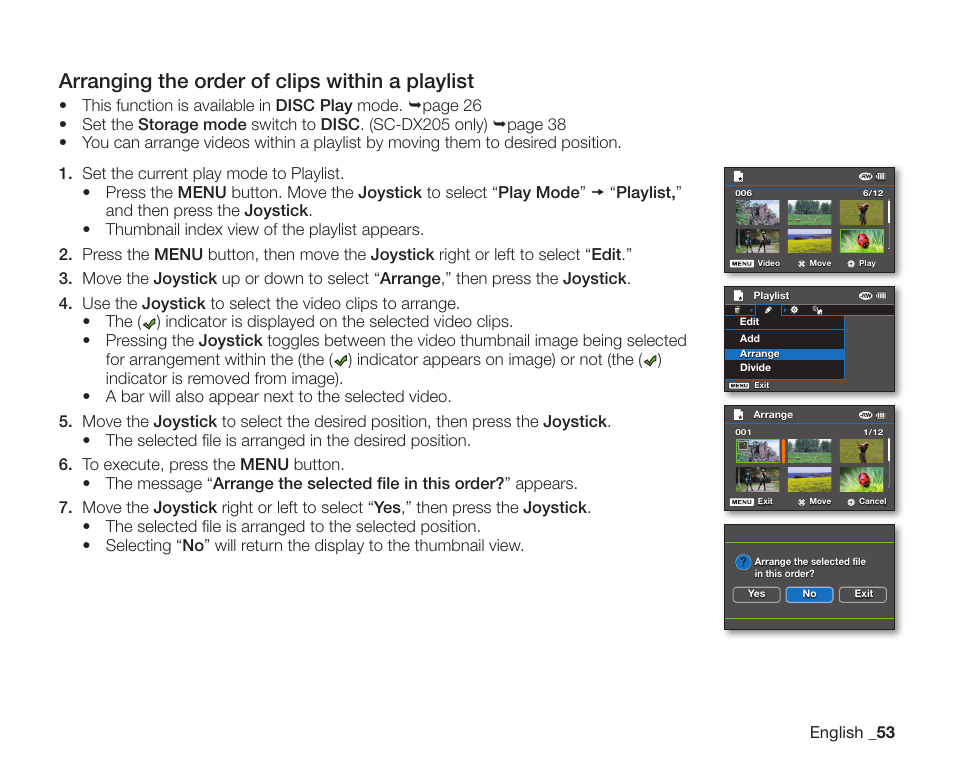 Arranging the order of clips within a playlist | Samsung SC-DX205-XAA User Manual | Page 67 / 147