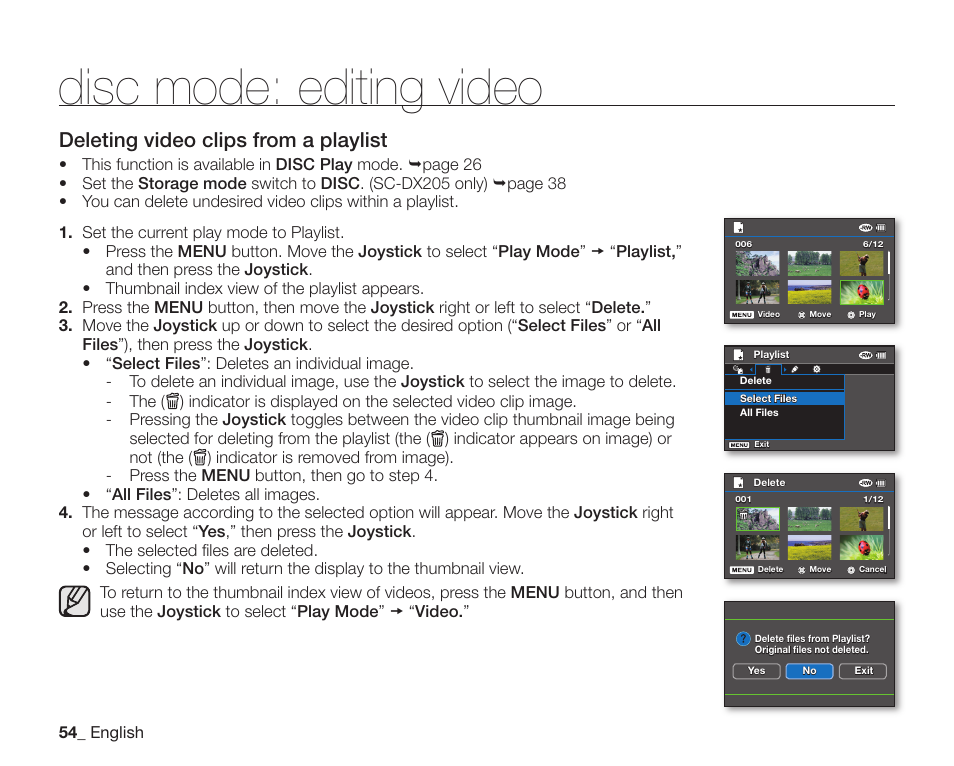 Disc mode: editing video, Deleting video clips from a playlist | Samsung SC-DX205-XAA User Manual | Page 68 / 147