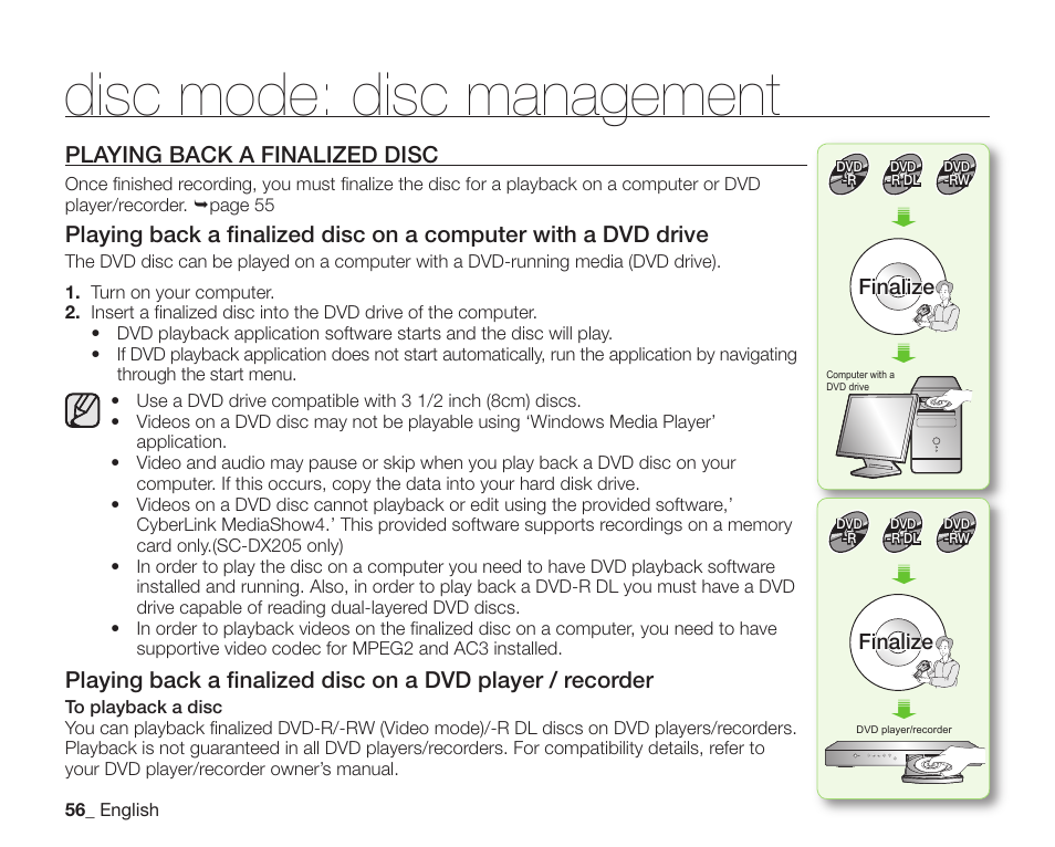 Playing back a finalized disc, Disc mode: disc management | Samsung SC-DX205-XAA User Manual | Page 70 / 147