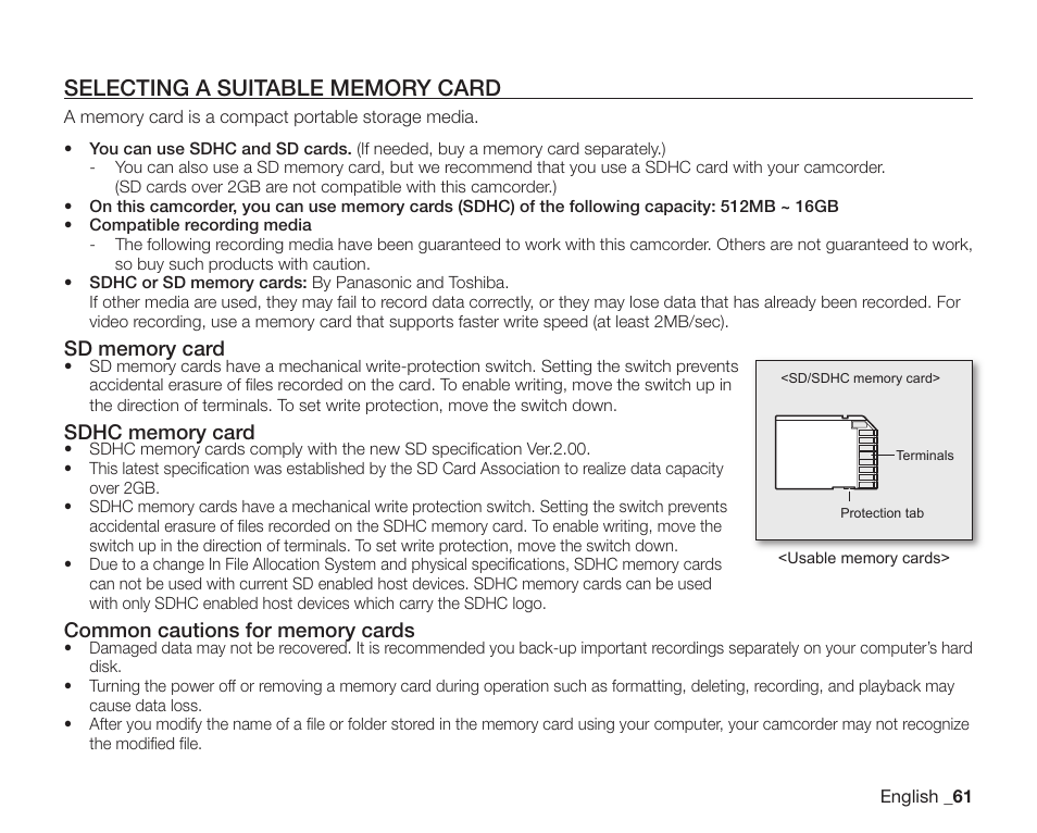 Selecting a suitable memory card | Samsung SC-DX205-XAA User Manual | Page 75 / 147