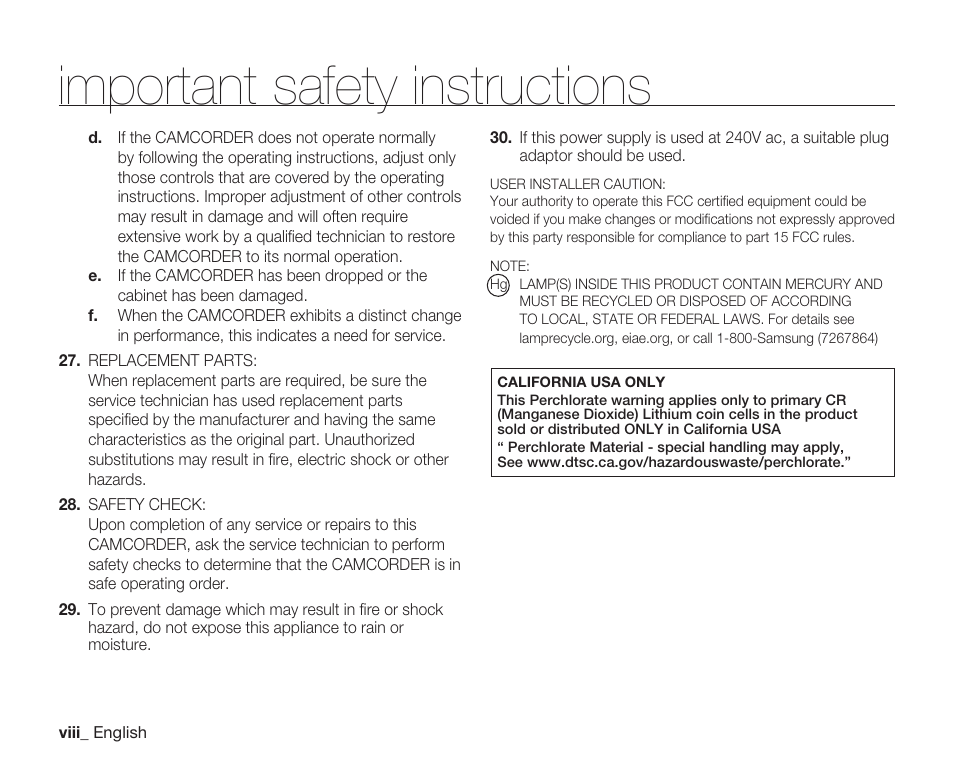 Important safety instructions | Samsung SC-DX205-XAA User Manual | Page 8 / 147