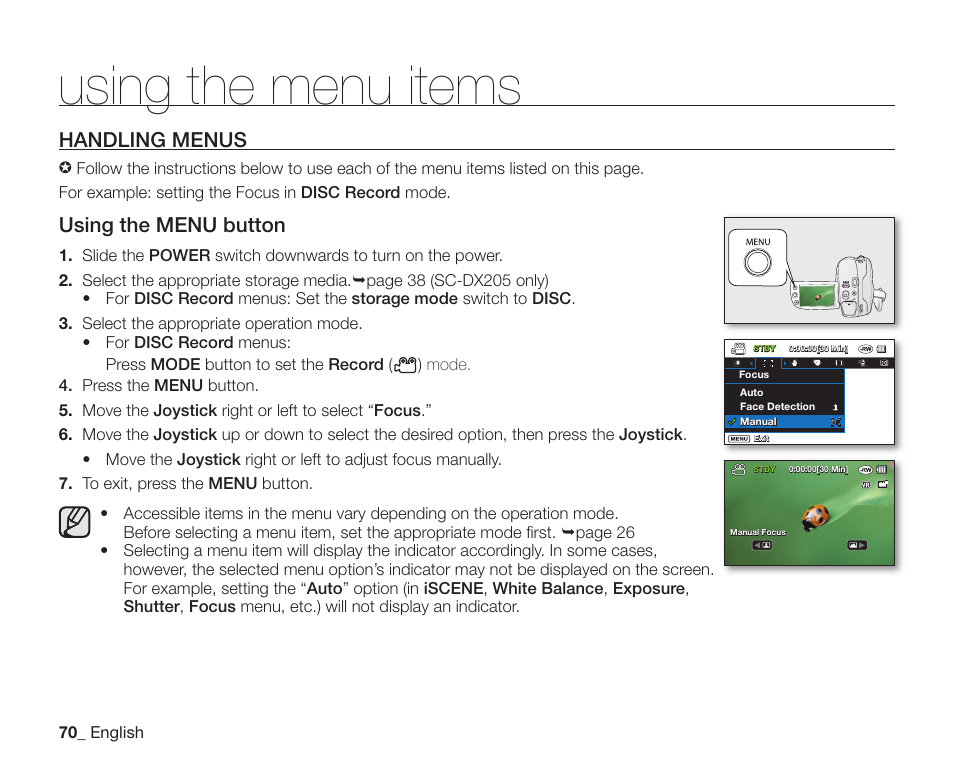 Using the menu items, Handling menus, Using the menu button | Samsung SC-DX205-XAA User Manual | Page 84 / 147