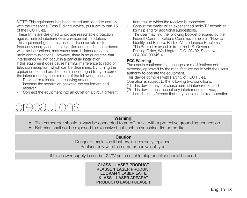 Precautions | Samsung SC-DX205-XAA User Manual | Page 9 / 147