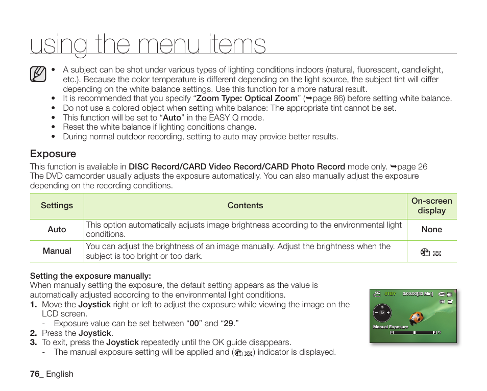 Using the menu items, Exposure | Samsung SC-DX205-XAA User Manual | Page 90 / 147