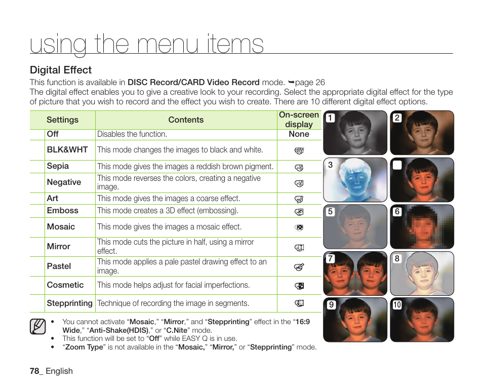 Using the menu items, Digital effect | Samsung SC-DX205-XAA User Manual | Page 92 / 147