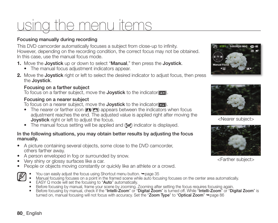 Using the menu items | Samsung SC-DX205-XAA User Manual | Page 94 / 147