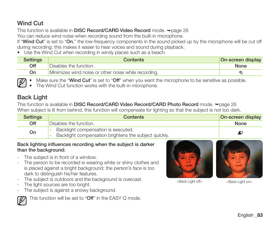 Wind cut, Back light | Samsung SC-DX205-XAA User Manual | Page 97 / 147