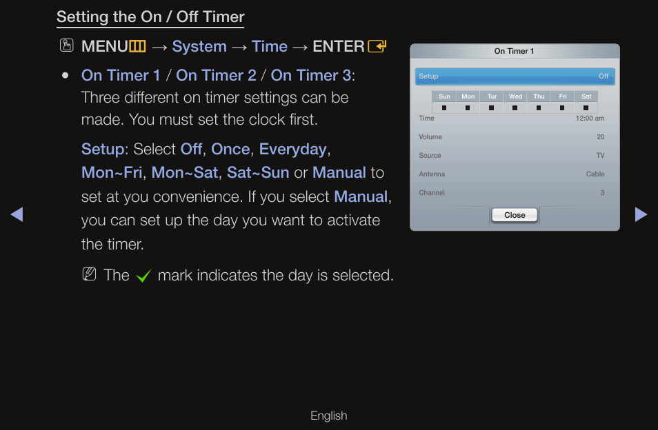 Setting the on / off timer, Menu m → system → time → enter e, The c mark indicates the day is selected | Samsung UN55D6000SFXZA User Manual | Page 128 / 318