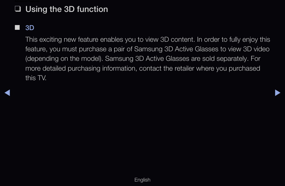 Advanced features, Using the 3d function | Samsung UN55D6000SFXZA User Manual | Page 157 / 318