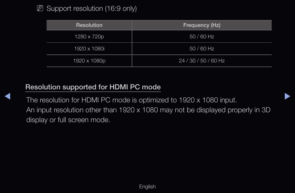 Support resolution (16:9 only) | Samsung UN55D6000SFXZA User Manual | Page 162 / 318