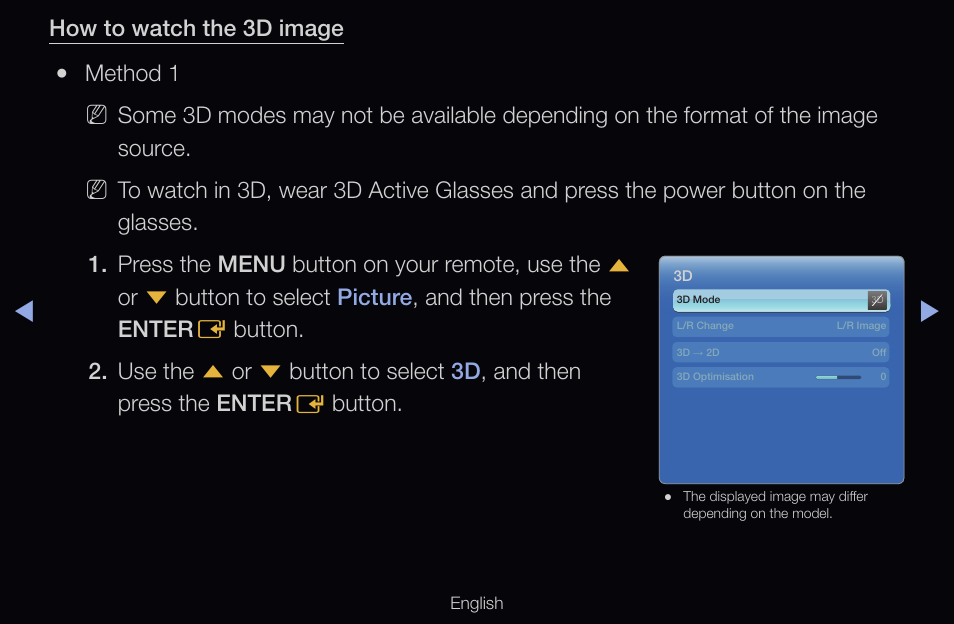 How to watch the 3d image, Method 1 | Samsung UN55D6000SFXZA User Manual | Page 163 / 318