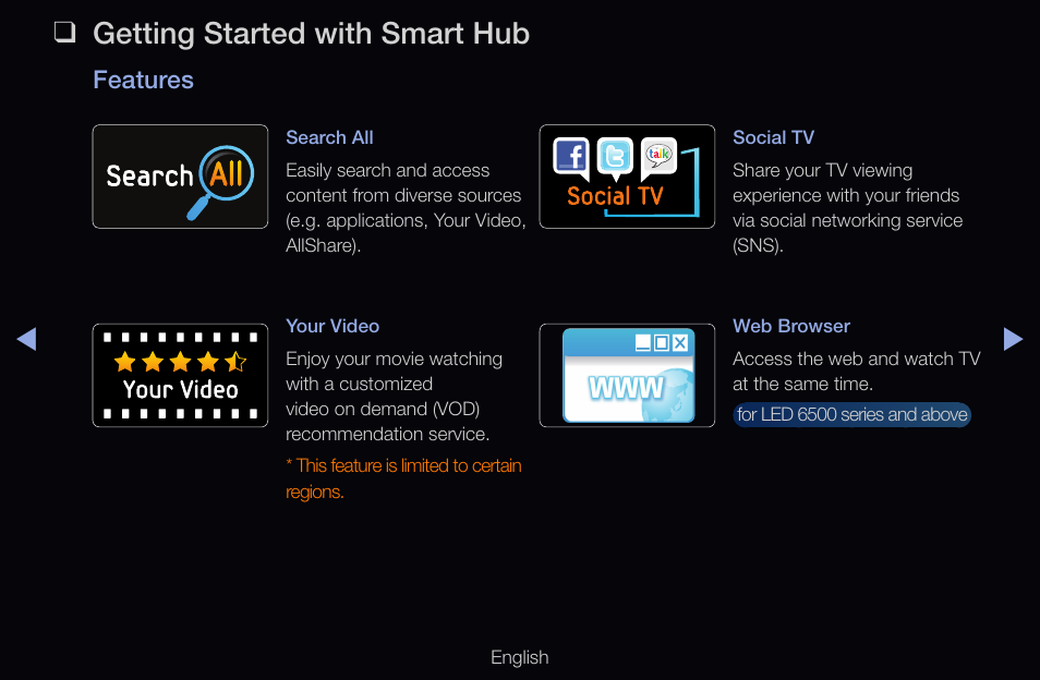 Getting started with smart hub, Features | Samsung UN55D6000SFXZA User Manual | Page 170 / 318