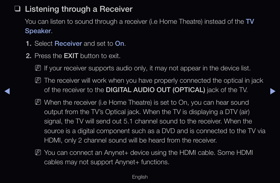 Listening through a receiver | Samsung UN55D6000SFXZA User Manual | Page 221 / 318