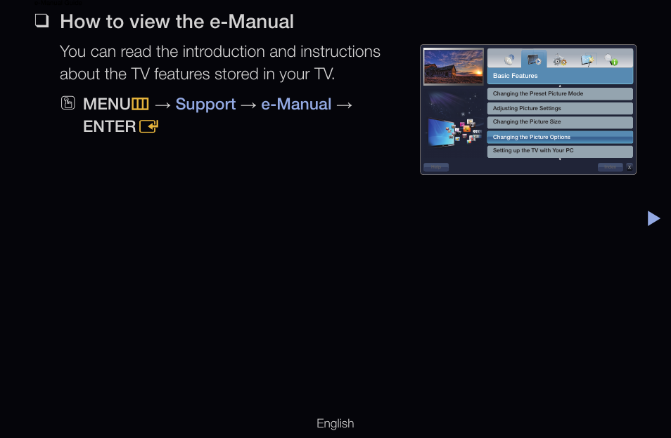 E-manual guide, How to view the e-manual, Menu m → support → e-manual → enter e | Samsung UN55D6000SFXZA User Manual | Page 310 / 318