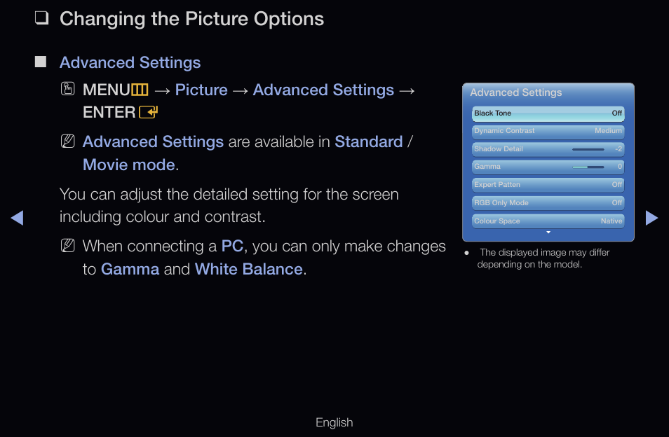 Changing the picture options, Advanced settings, Menu m → picture → advanced settings → enter e | Samsung UN55D6000SFXZA User Manual | Page 63 / 318