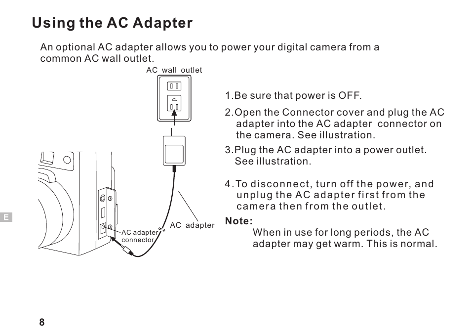 Using the ac adapter | Argus Camera DC3550 User Manual | Page 12 / 89