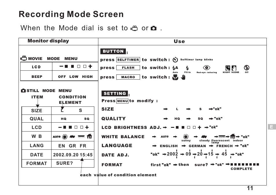 Recording mode screen, When the mode dial is set to or | Argus Camera DC3550 User Manual | Page 15 / 89