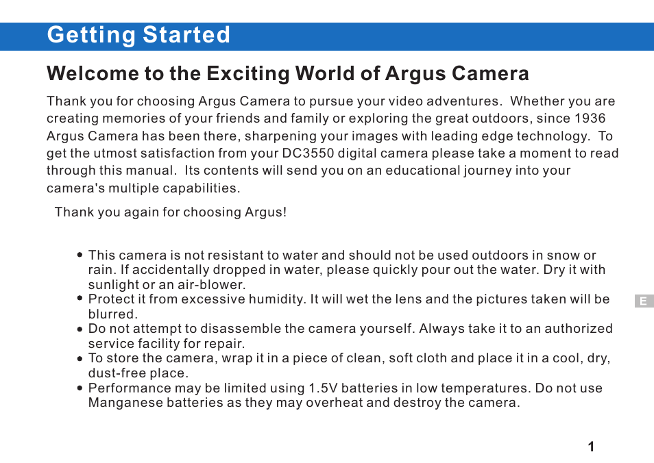 Getting started, Welcome to the exciting world of argus camera | Argus Camera DC3550 User Manual | Page 5 / 89