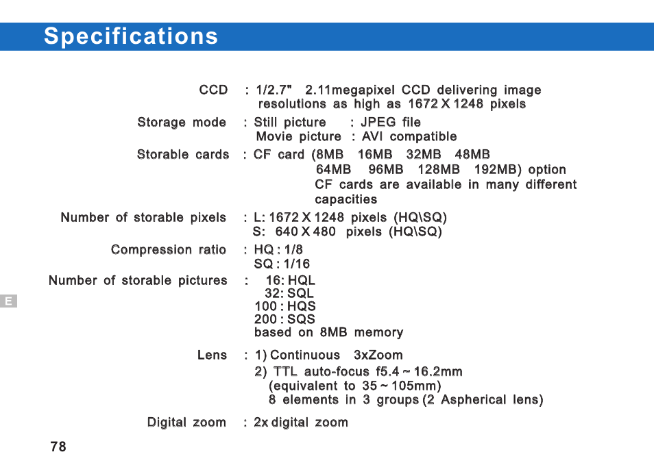 Specifications | Argus Camera DC3550 User Manual | Page 82 / 89