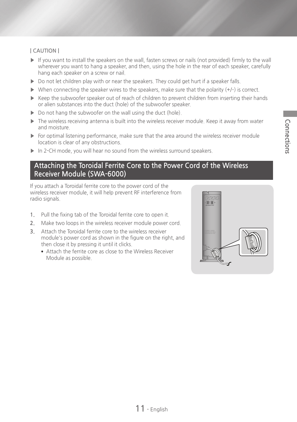 11 attaching the toroidal ferrite core to the | Samsung HT-H6500WM-ZA User Manual | Page 11 / 63