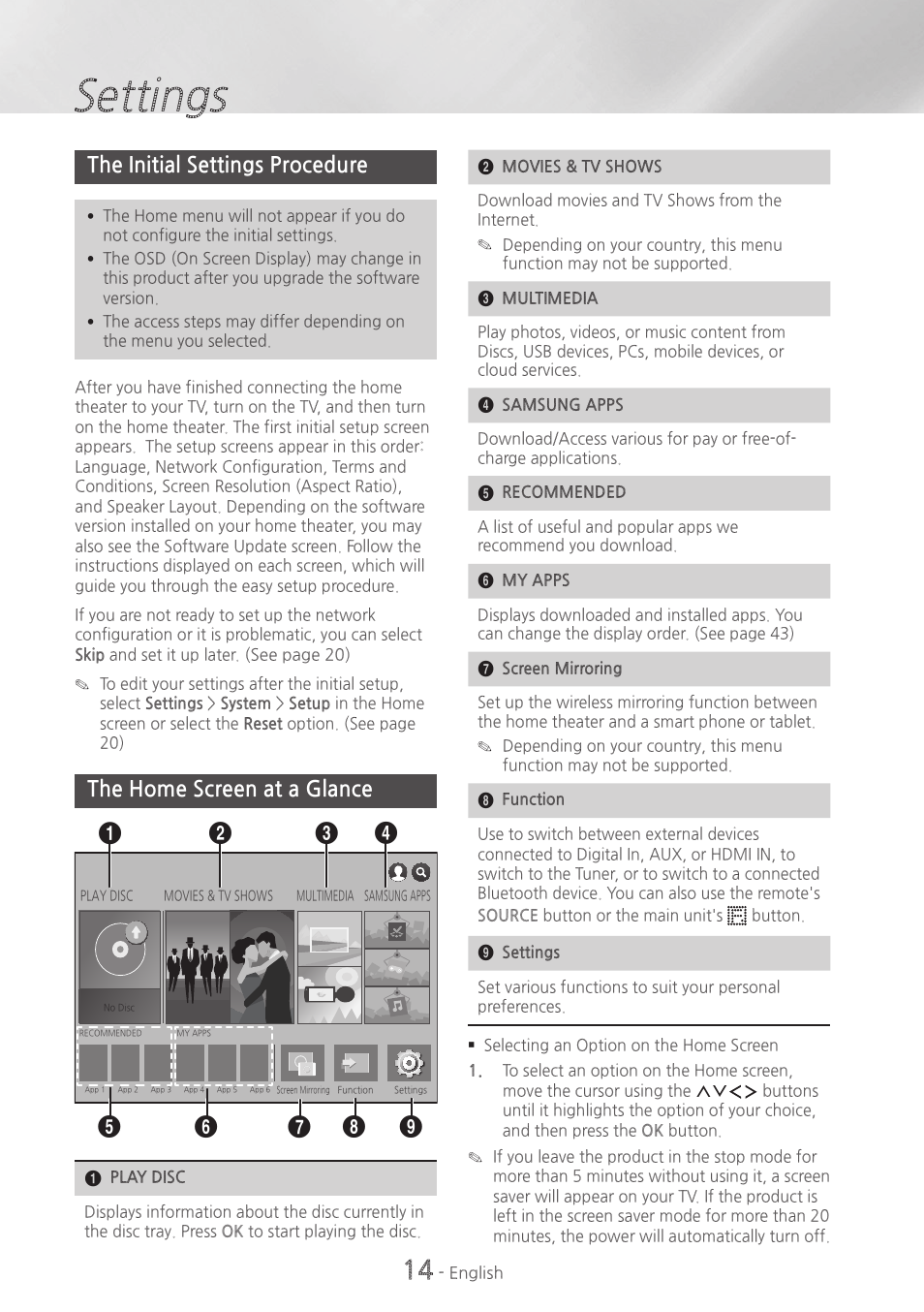 Settings, The initial settings procedure, The home screen at a glance | Samsung HT-H6500WM-ZA User Manual | Page 14 / 63