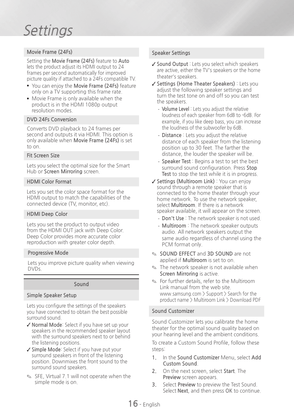 Settings | Samsung HT-H6500WM-ZA User Manual | Page 16 / 63