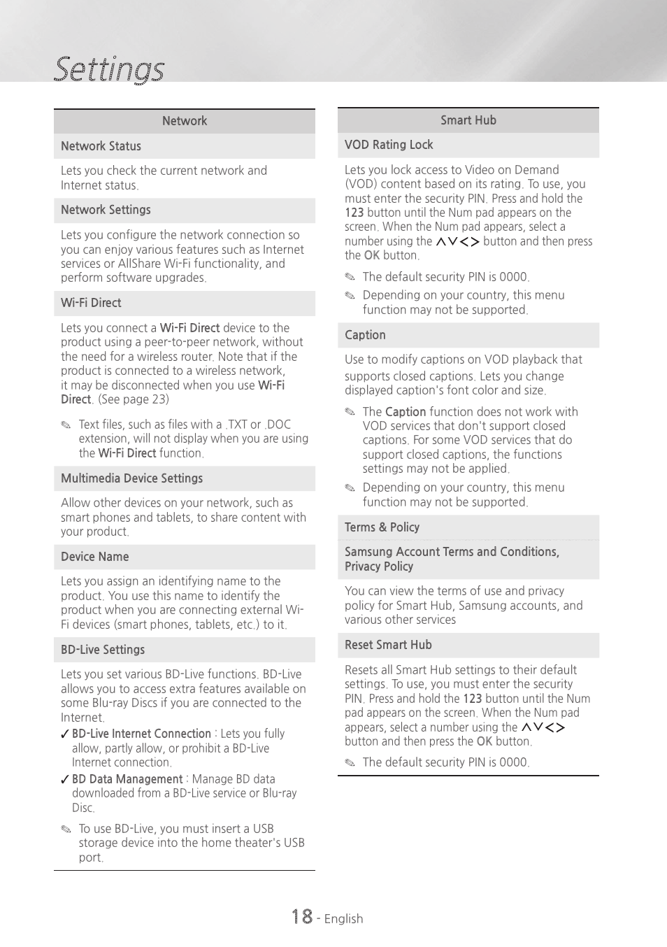 Settings | Samsung HT-H6500WM-ZA User Manual | Page 18 / 63