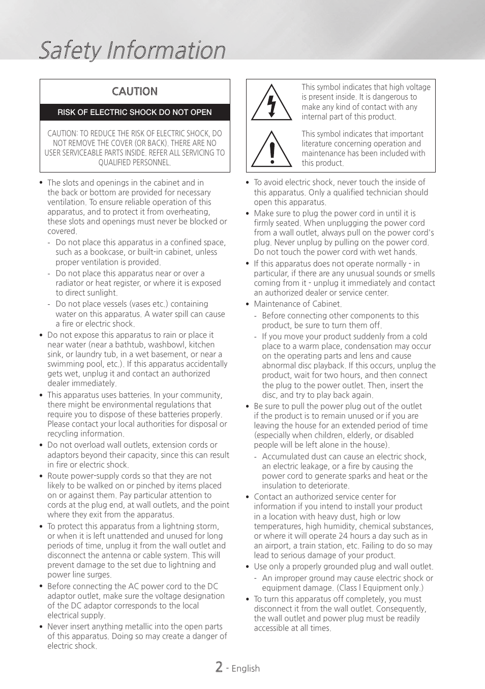 Safety information, Caution | Samsung HT-H6500WM-ZA User Manual | Page 2 / 63