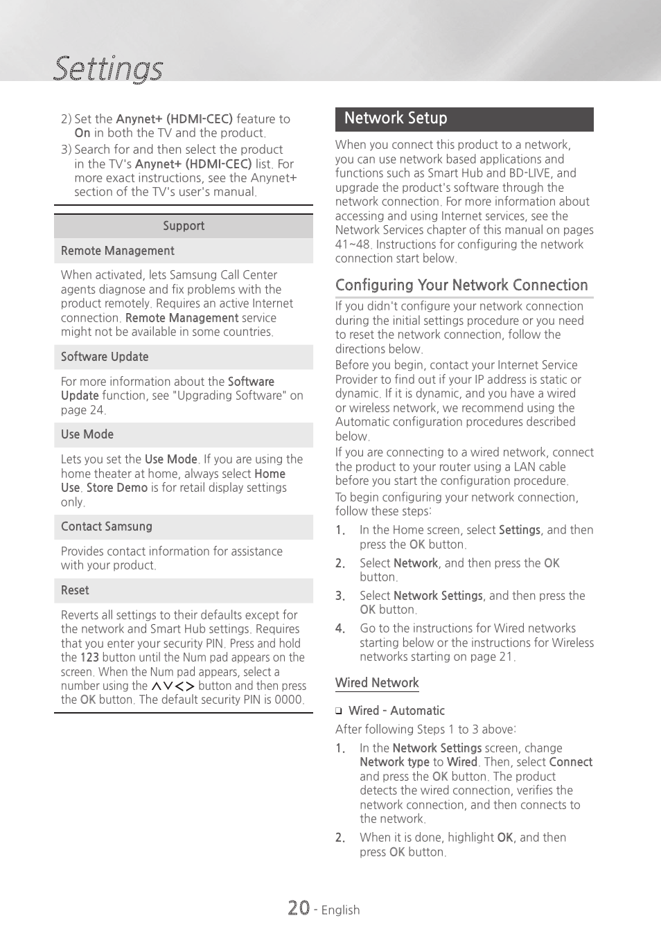 Network setup, 20 network setup, Settings | Samsung HT-H6500WM-ZA User Manual | Page 20 / 63