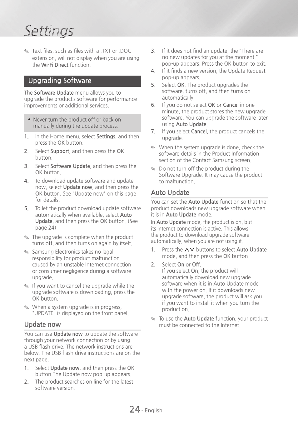 Upgrading software, 24 upgrading software, Settings | Samsung HT-H6500WM-ZA User Manual | Page 24 / 63