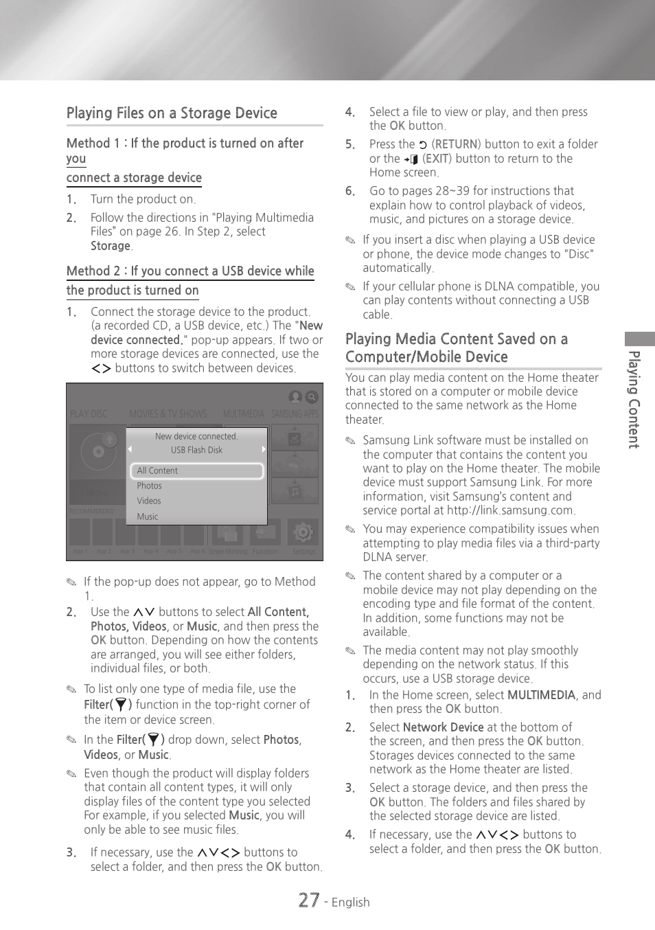 Playing~files~on~a~storage~device | Samsung HT-H6500WM-ZA User Manual | Page 27 / 63