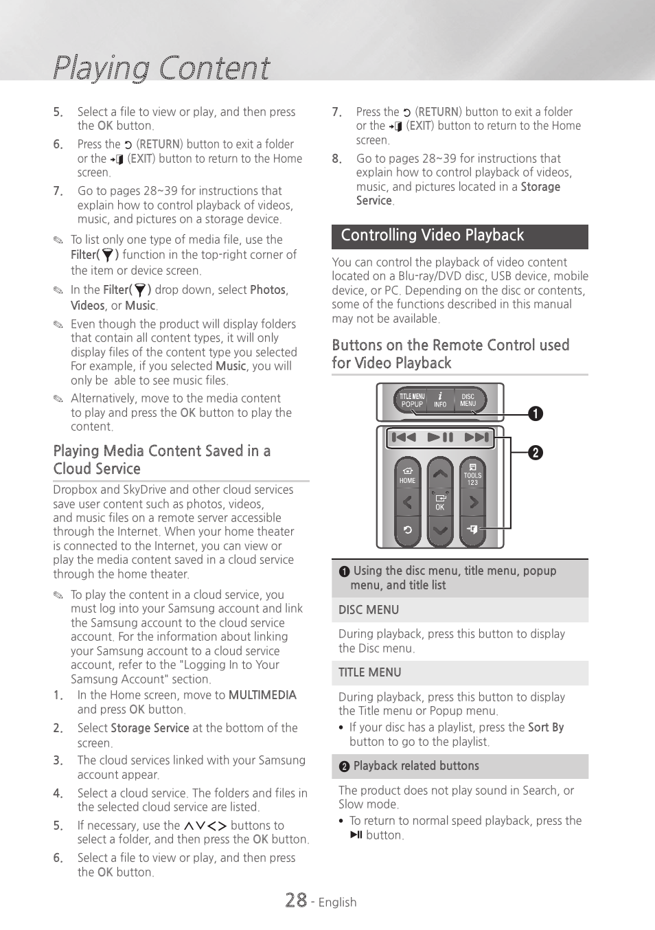 Controlling video playback, 28 controlling video playback, Playing content | Samsung HT-H6500WM-ZA User Manual | Page 28 / 63