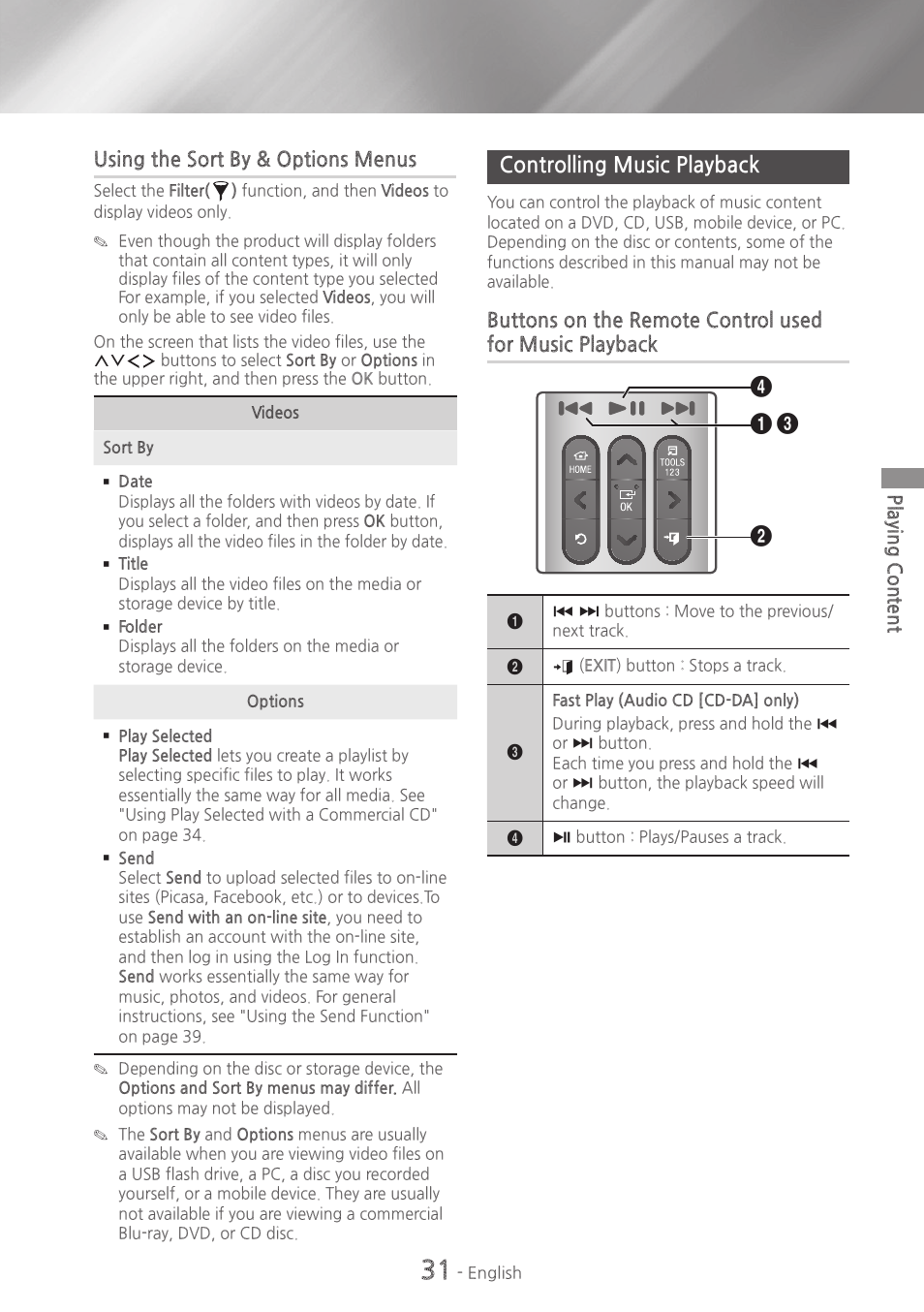 Controlling music playback, 31 controlling music playback | Samsung HT-H6500WM-ZA User Manual | Page 31 / 63