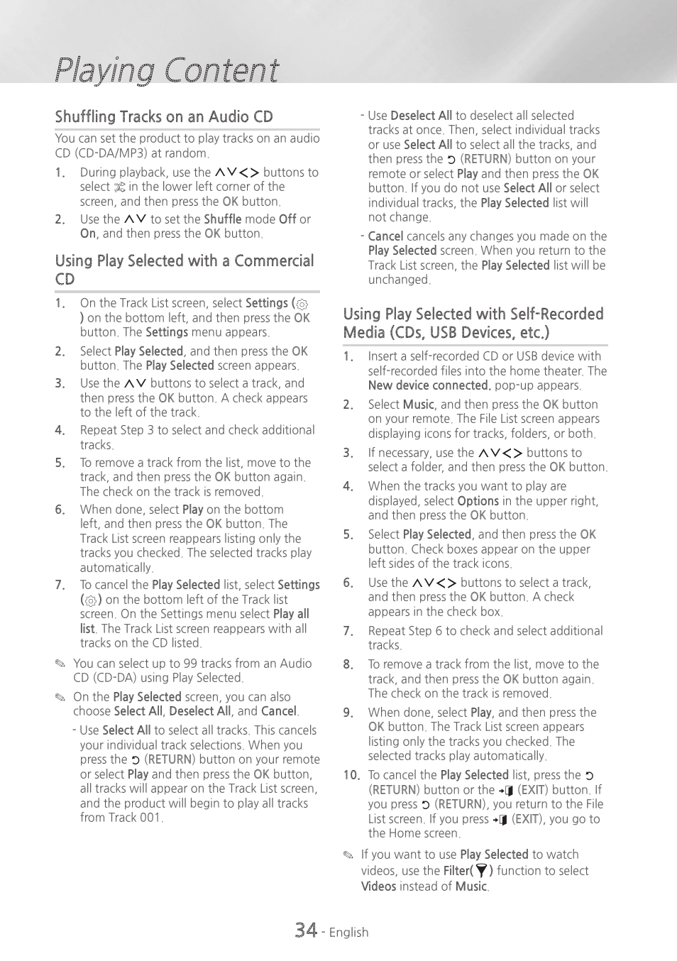 Playing content, Shuffling~tracks~on~an~audio~cd, Using~play~selected~with~a~commercial~ cd | Samsung HT-H6500WM-ZA User Manual | Page 34 / 63