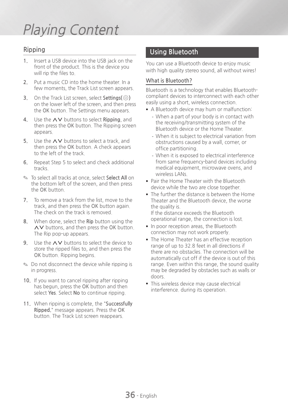 Using bluetooth, 36 using bluetooth, Playing content | Samsung HT-H6500WM-ZA User Manual | Page 36 / 63
