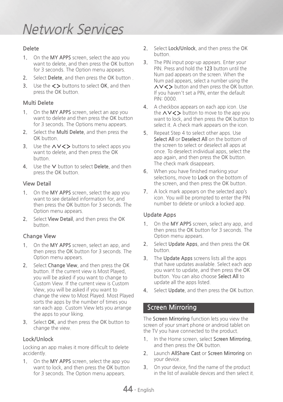 Screen mirroring, 44 screen mirroring, Network services | Samsung HT-H6500WM-ZA User Manual | Page 44 / 63