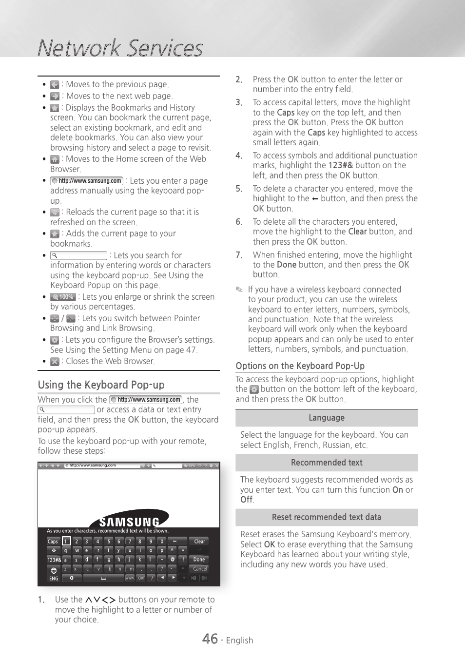 Network services, Using~the~keyboard~pop-up | Samsung HT-H6500WM-ZA User Manual | Page 46 / 63