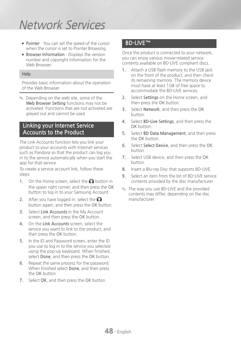 Bd-live, 48 linking your internet service accounts to the, Product | 48 bd-live, Network services | Samsung HT-H6500WM-ZA User Manual | Page 48 / 63