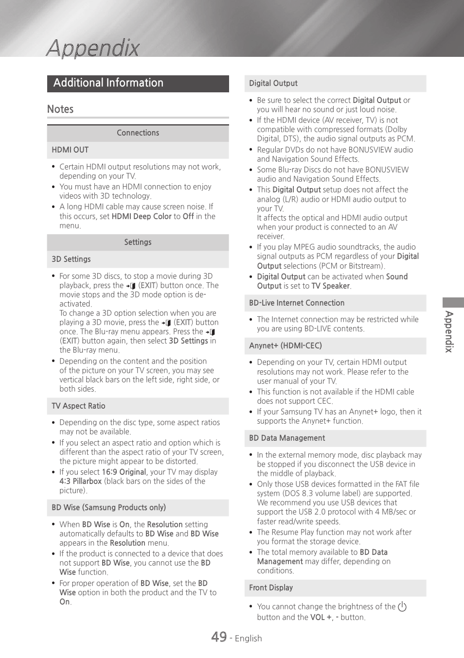 Appendix, Additional information, 49 additional information | Samsung HT-H6500WM-ZA User Manual | Page 49 / 63