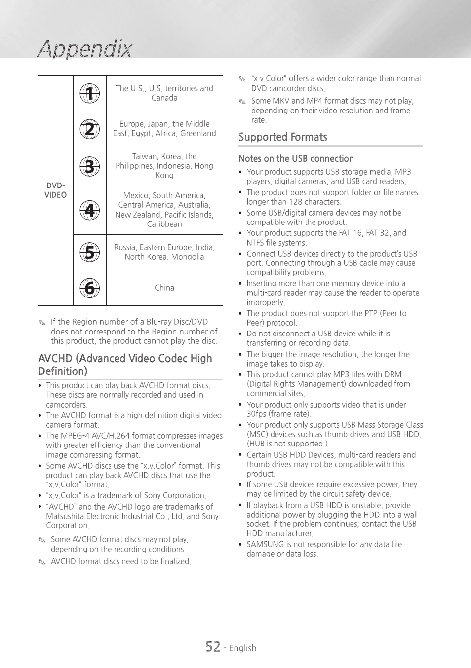 Appendix, Avchd~(advanced~video~codec~high~ definition), Supported~formats | Samsung HT-H6500WM-ZA User Manual | Page 52 / 63