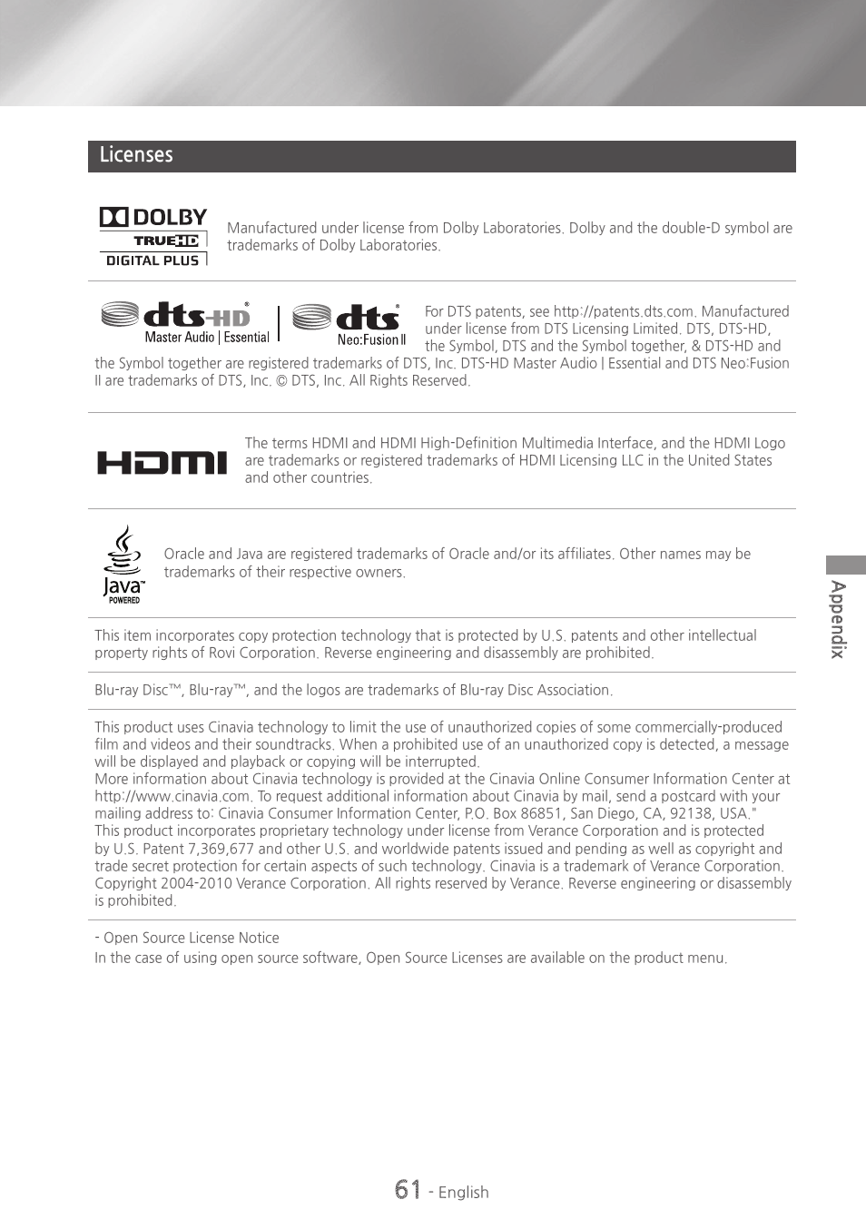 Licenses, 61 licenses | Samsung HT-H6500WM-ZA User Manual | Page 61 / 63