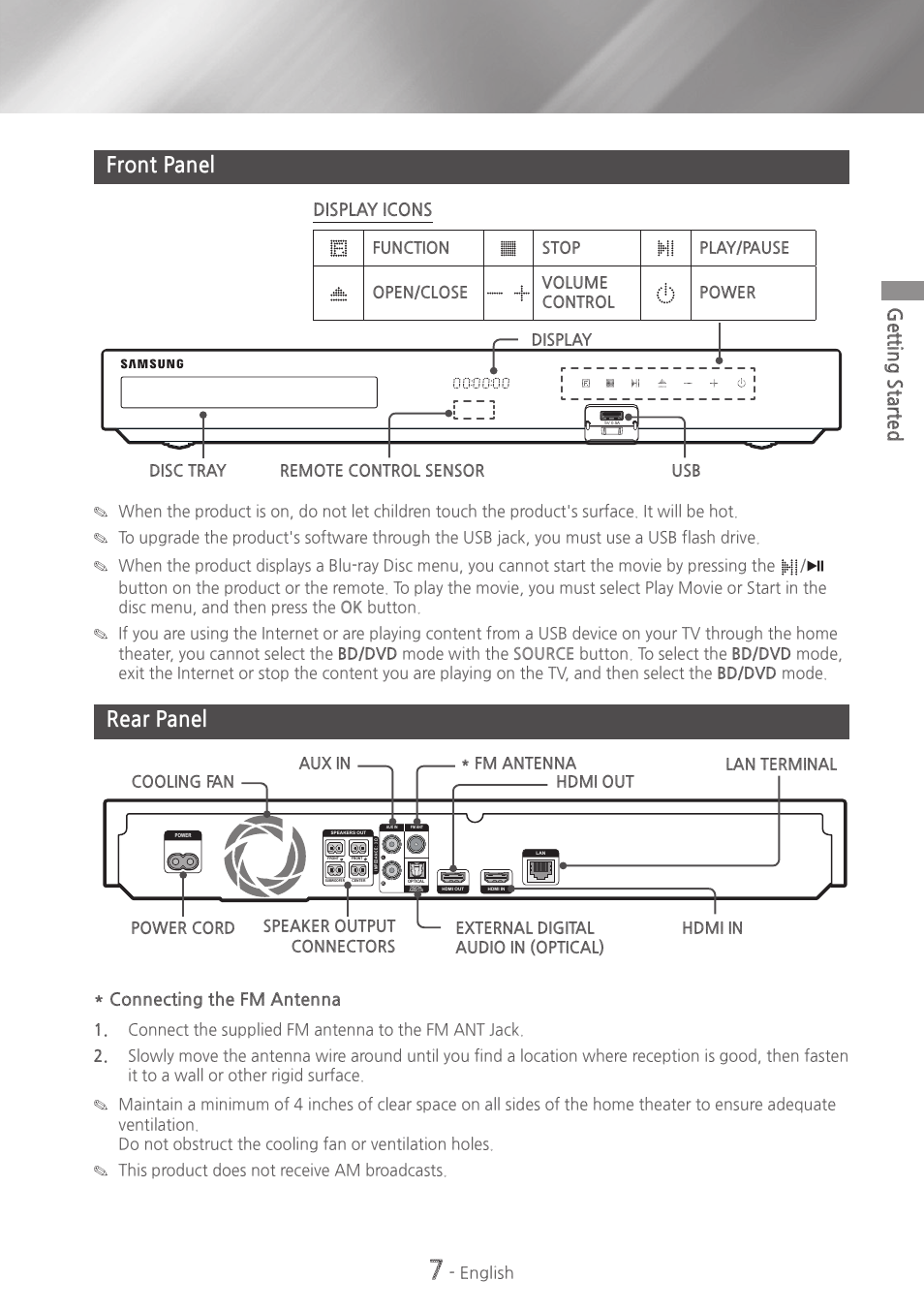 Front panel, Rear panel, 7 front panel 7 rear panel | Getting ~started, Display~icons, Connecting~the~fm~antenna | Samsung HT-H6500WM-ZA User Manual | Page 7 / 63