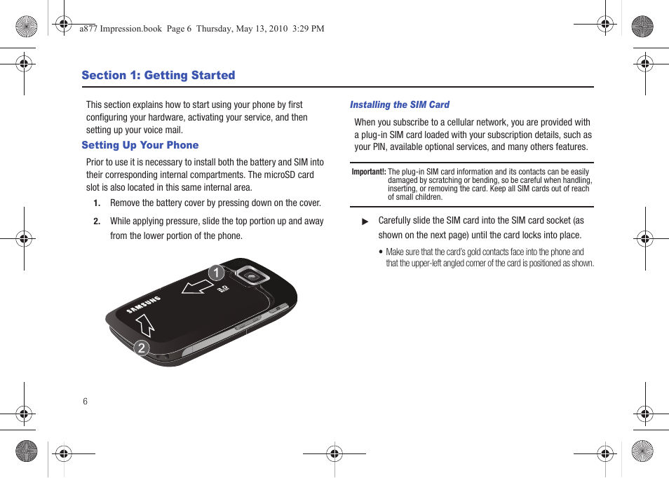 Section 1: getting started, Setting up your phone | Samsung SGH-A877RBZATT User Manual | Page 10 / 230