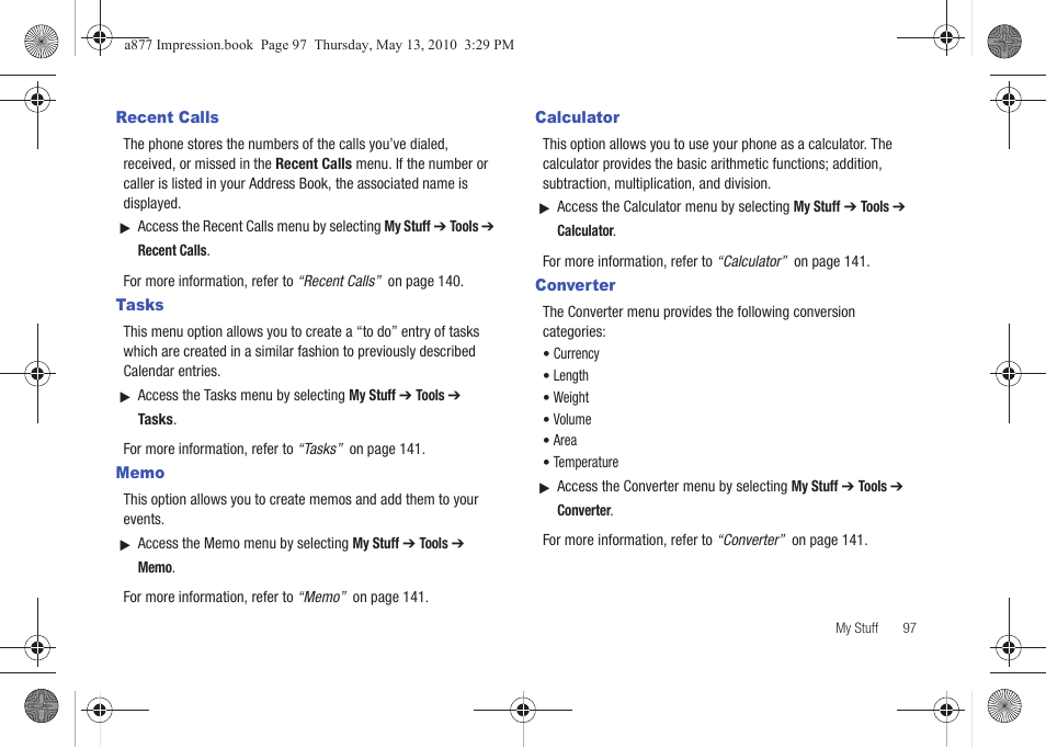 Recent calls, Tasks, Memo | Calculator, Converter, Recent calls tasks memo calculator converter | Samsung SGH-A877RBZATT User Manual | Page 101 / 230