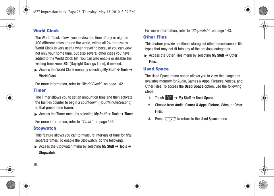 World clock, Timer, Stopwatch | Other files, Used space, World clock timer stopwatch other files used space | Samsung SGH-A877RBZATT User Manual | Page 102 / 230