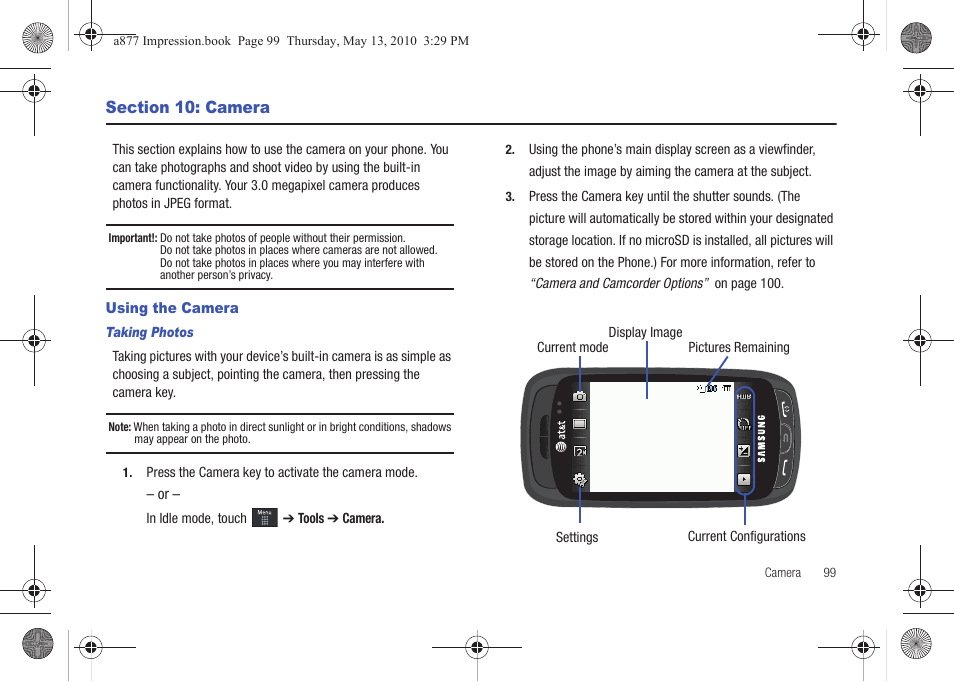 Section 10: camera, Using the camera | Samsung SGH-A877RBZATT User Manual | Page 103 / 230