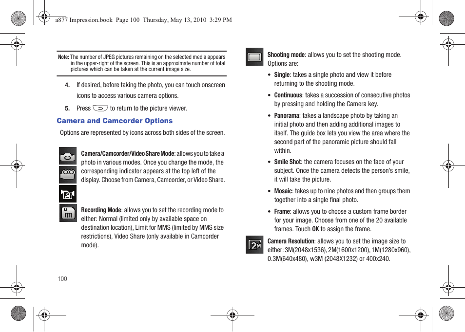 Camera and camcorder options | Samsung SGH-A877RBZATT User Manual | Page 104 / 230