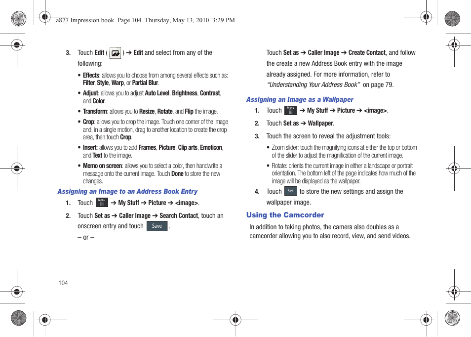 Using the camcorder | Samsung SGH-A877RBZATT User Manual | Page 108 / 230